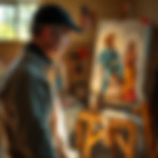 An artist focused on creating a piece of traditional artwork on a canvas in a sunlit studio