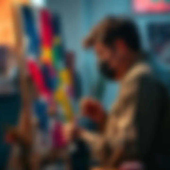 An artist focuses on a colorful canvas, surrounded by paints and brushes, expressing creativity through their work.