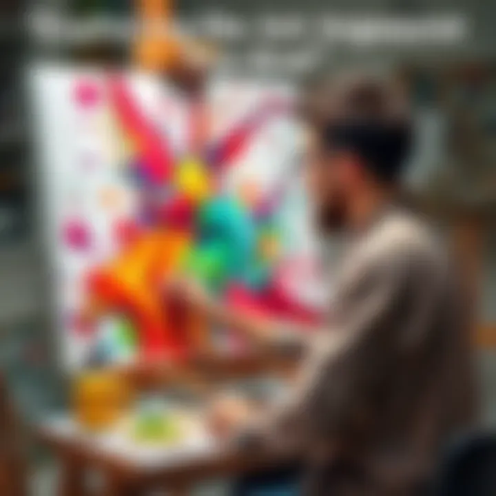 An artist creating a colorful painting on a canvas, surrounded by brushes and paint.