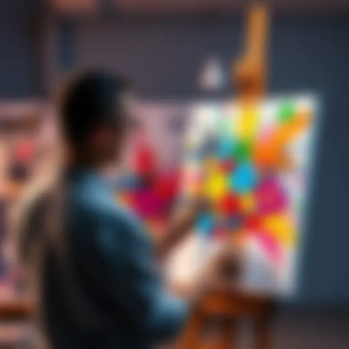 An artist creates colorful artwork on a canvas, showcasing a blend of traditional and contemporary styles.