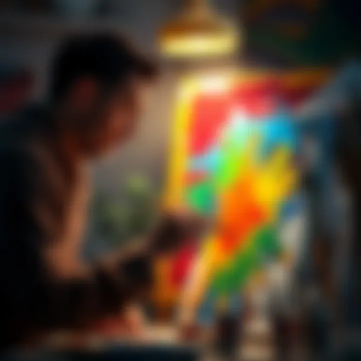 An artist passionately creating a colorful painting on a canvas, surrounded by art supplies and a warm light.
