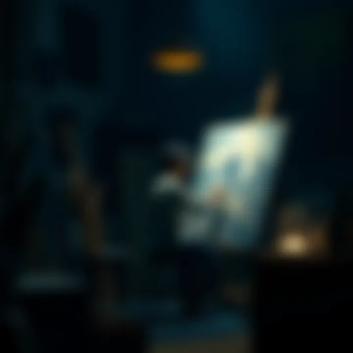 A focused artist creating a painting, surrounded by canvases and brushes in a somber atmosphere.