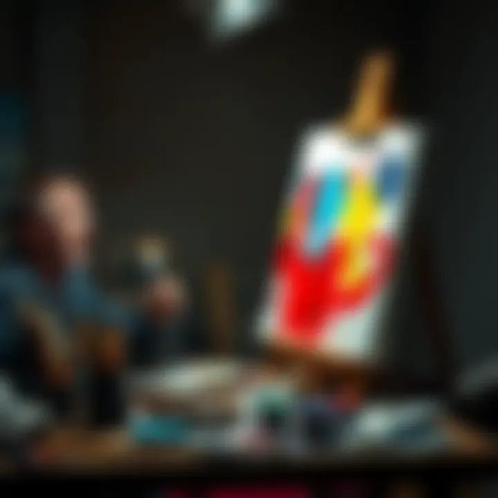 An artist passionately paints on a canvas, surrounded by traditional art supplies like brushes and paints, showcasing the tension between traditional and modern art forms.