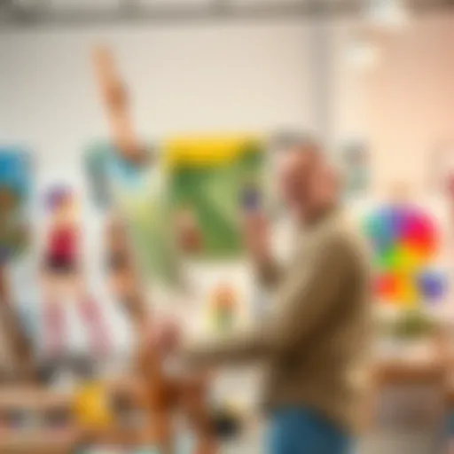 An artist smiling while painting on a canvas in a bright studio, surrounded by paint supplies and colorful artworks