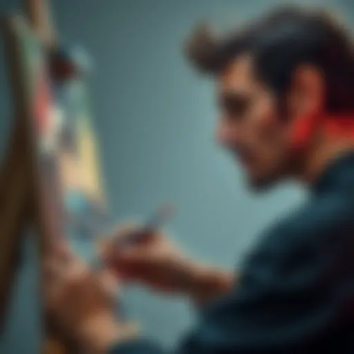 An artist focused on capturing a portrait, showcasing brushwork and emotion on canvas.