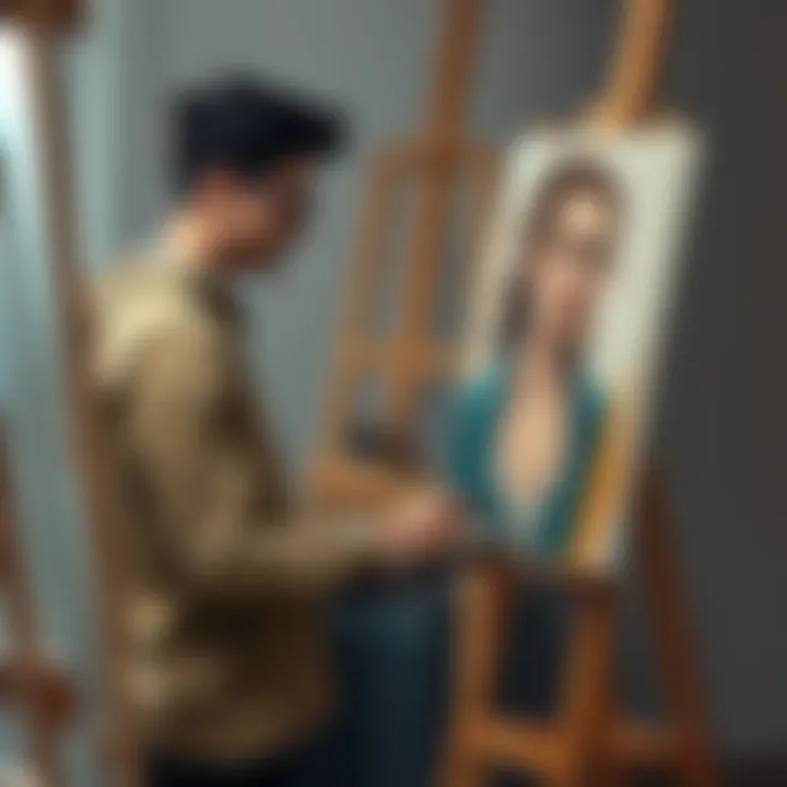 An artist focused on creating a realistic portrait at their easel, surrounded by paint supplies and a canvas, expressing excitement and determination.