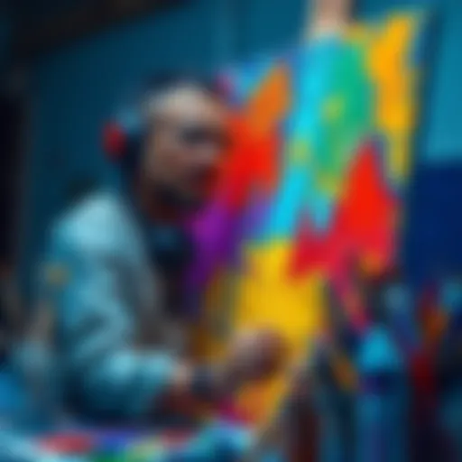 An artist working on a vibrant painting while surrounded by paint tubes and brushes, with a pair of headphones around their neck.