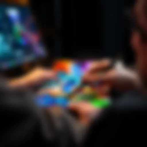 An artist creates digital artwork on a pen tablet, showcasing vibrant colors and designs.