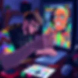 An artist working on pixel art using Aseprite, surrounded by colorful pixelated designs and tools, showcasing their excitement and creativity.