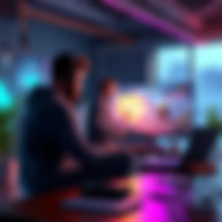 An artist discusses a unique beat 'em up simulator game idea with programmers. Original art is shown on a screen as they brainstorm together in a modern studio setting.