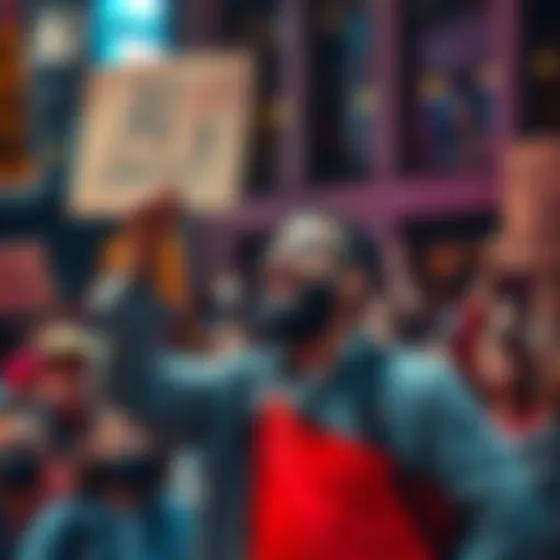 An artist passionately speaks out at a rally, holding a sign that reads 'AI Can't Create!' in front of a crowd of supporters, showcasing a strong stance against artificial intelligence in creativity.