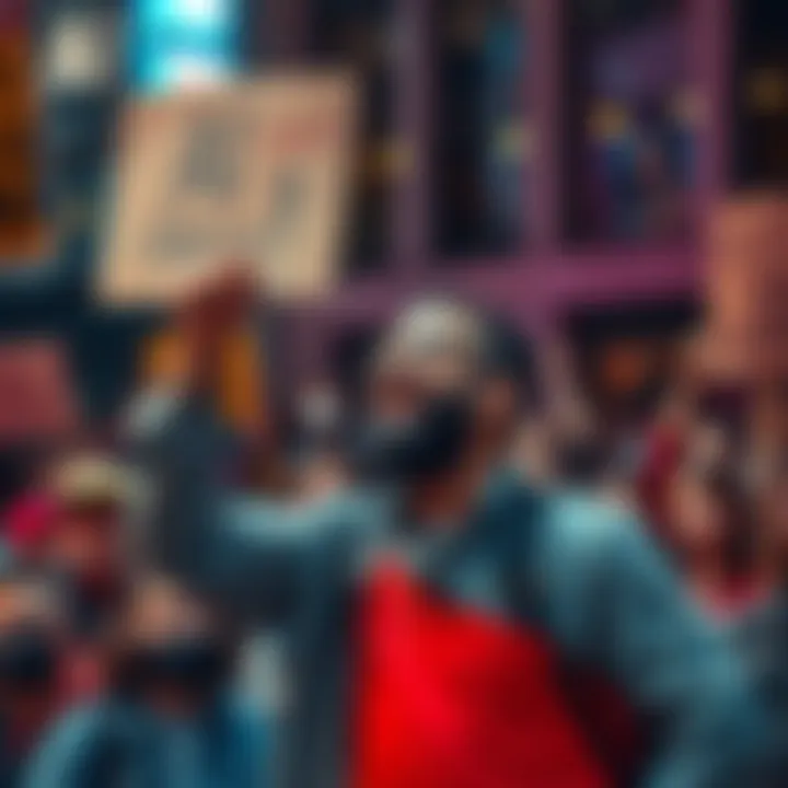 An artist passionately speaks out at a rally, holding a sign that reads 'AI Can't Create!' in front of a crowd of supporters, showcasing a strong stance against artificial intelligence in creativity.