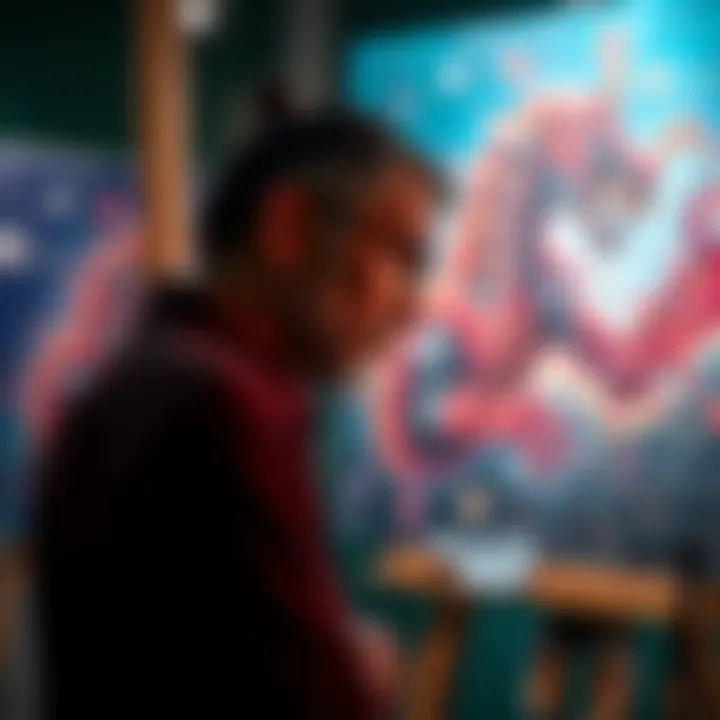 An artist pondering over a canvas with AI-generated art in the background, illustrating the debate over the future of AI art as a trend.