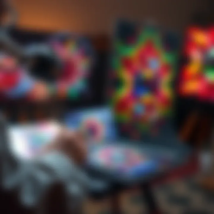 An artist working on a digital tablet, focused on replicating a colorful AI-generated image