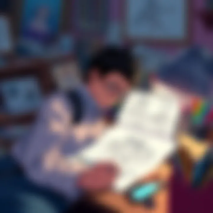 An artist working on artwork inspired by vintage anime, surrounded by art supplies and sketches.