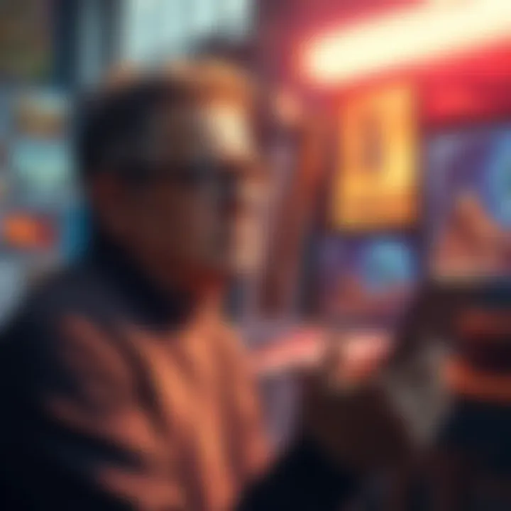 A thoughtful former artist considering the challenges of AI in creating art, surrounded by sketches and digital screens showing failed AI-generated images.