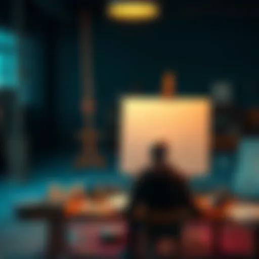 An artist sitting at a table, looking at a blank canvas with paints scattered around, symbolizing the struggle for originality in art.
