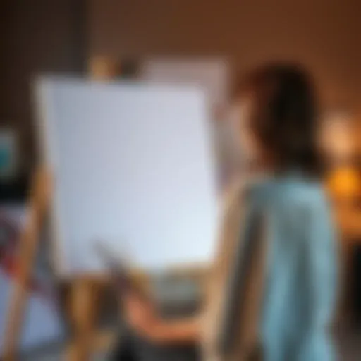 A woman sitting in front of an easel, looking contemplative as she holds paintbrushes and stares at a blank canvas, symbolizing her break from AI art.