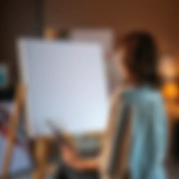 A woman sitting in front of an easel, looking contemplative as she holds paintbrushes and stares at a blank canvas, symbolizing her break from AI art.