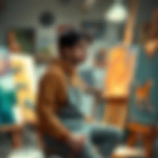 An artist sitting in a studio surrounded by canvases, looking thoughtful while holding a paintbrush, contemplating their creative process.
