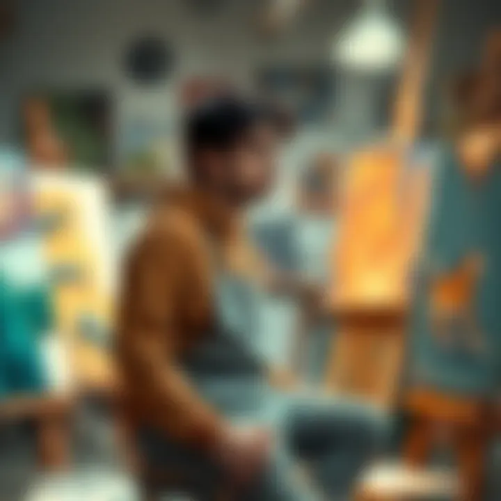 An artist sitting in a studio surrounded by canvases, looking thoughtful while holding a paintbrush, contemplating their creative process.