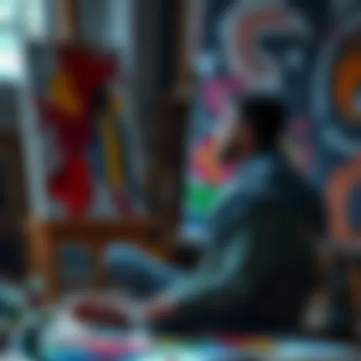 An artist sits in front of a canvas, contemplating their emotions and thoughts while surrounded by colorful paint and brushes.