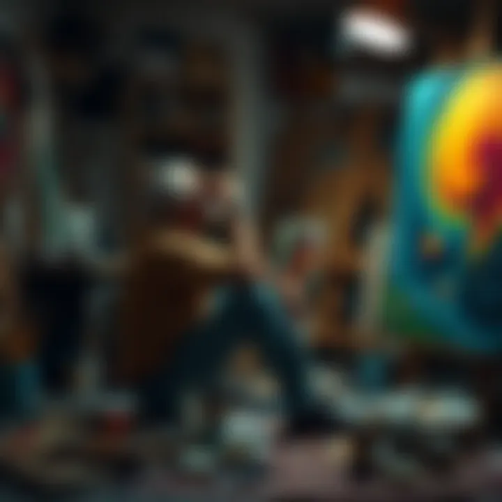 An artist sitting in a studio, contemplating their artwork, with brushes and paints nearby, surrounded by unfinished pieces, highlighting the struggle against AI involvement in art.