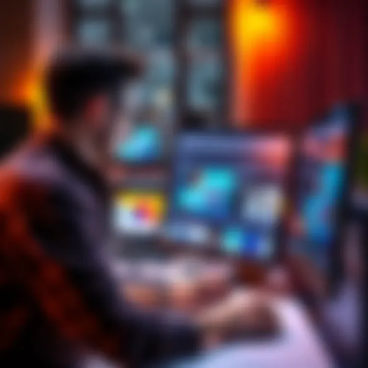 An artist analyzing interior visual designs on a computer, focusing on enhancing rendering quality