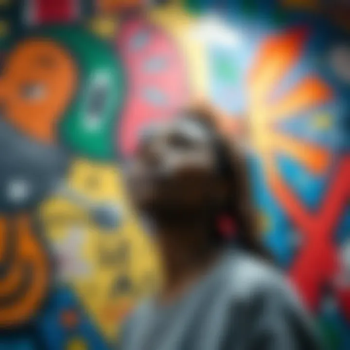 An artist creates a colorful mural highlighting the theme of self-worth and critique of societal expectations