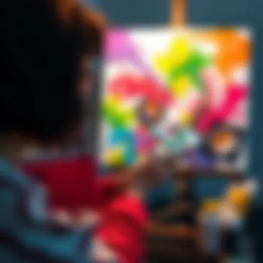 An artist showcasing their colorful paintings on a laptop, emphasizing a safe space for sharing without AI interference.