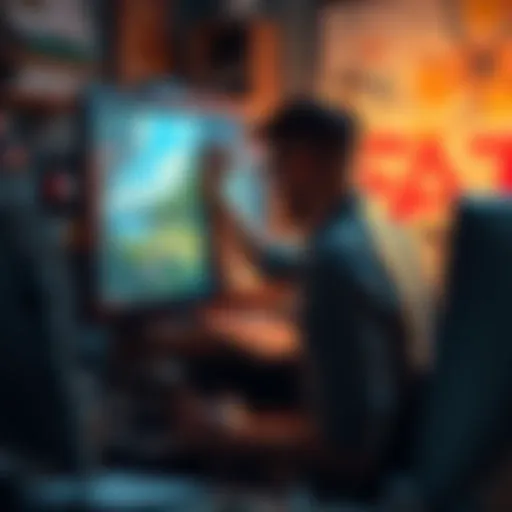 An artist posting their painting on a computer screen, surrounded by digital art tools and social media icons