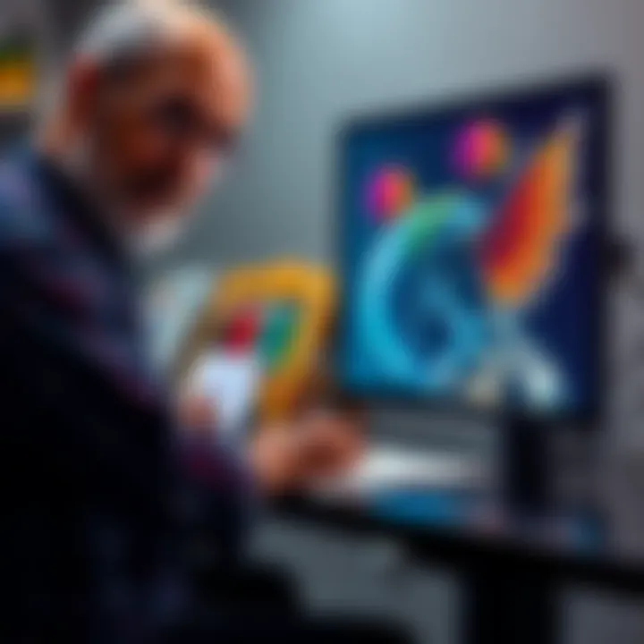 An artist uses traditional pencils to sketch while a computer shows AI-generated artwork alongside