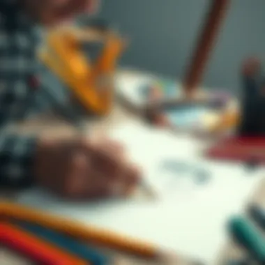 Artist sketching on paper An artist creating a sketch with pencils on a blank sheet, surrounded by colorful art supplies.