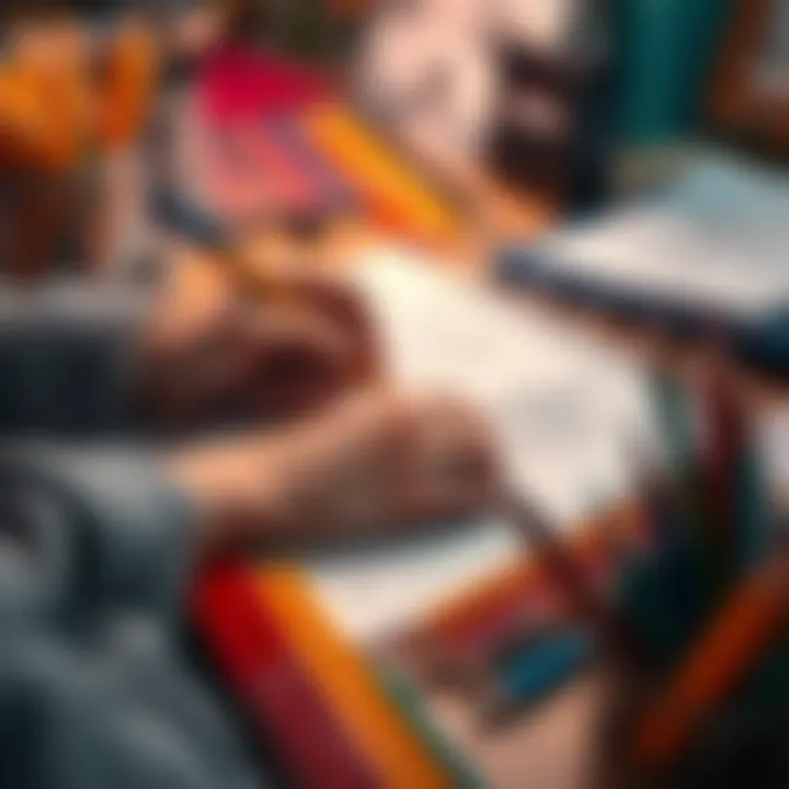 An artist drawing on a sketchpad with colored pencils at a desk filled with art supplies