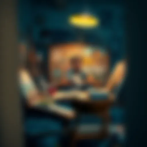 An artist sitting at a cluttered table, surrounded by unfinished artworks, looking worried while checking bills.