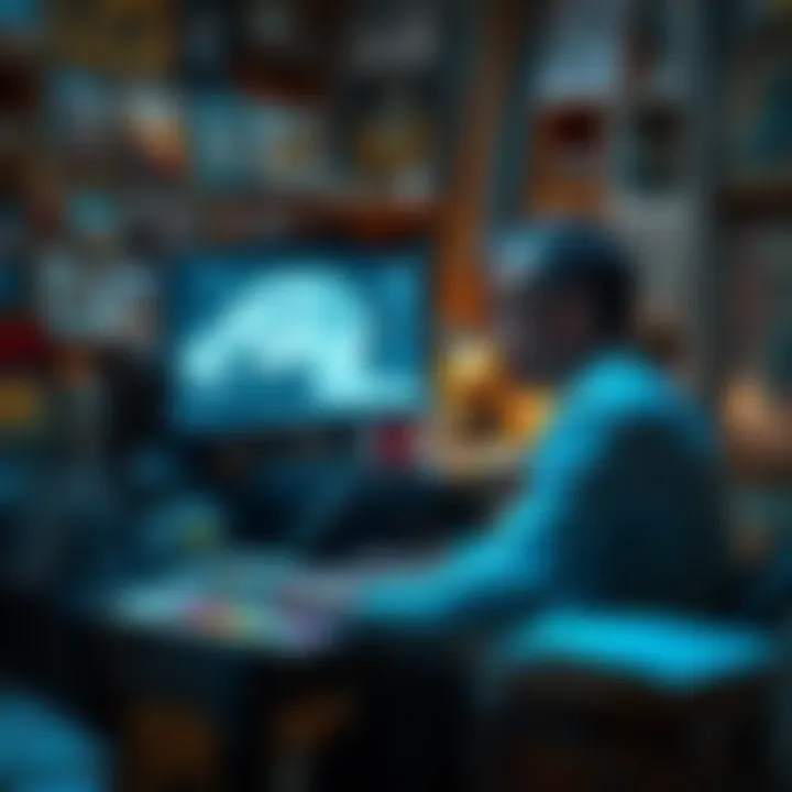 An artist sitting at a desk surrounded by artwork, looking frustrated as a computer displays AI-generated art, symbolizing the challenge artists face today.