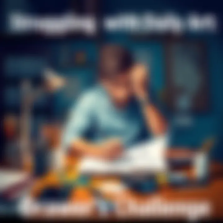 An artist sits at a desk, frustrated, with a challenging drawing on paper and art supplies scattered around