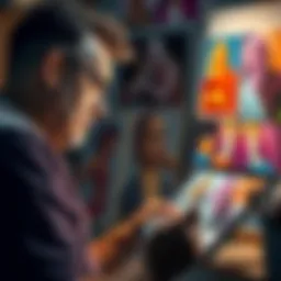 An artist focuses on a digital tablet, using software that helps replicate famous art styles, with colorful examples around them.