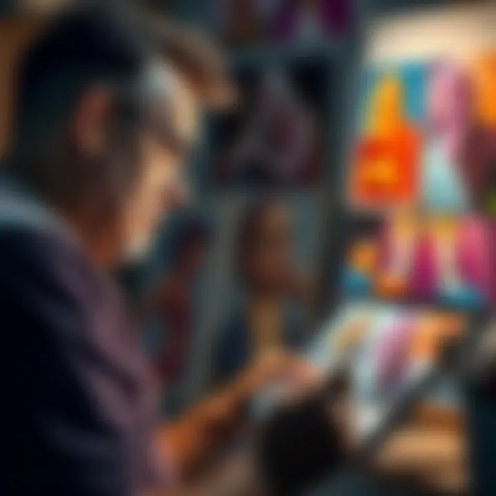 An artist focuses on a digital tablet, using software that helps replicate famous art styles, with colorful examples around them.