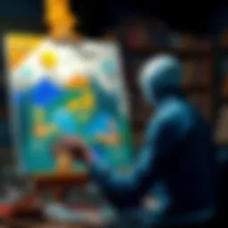 An artist paints on a canvas using traditional tools while a digital tablet sits nearby, symbolizing the blend of traditional and AI art techniques.