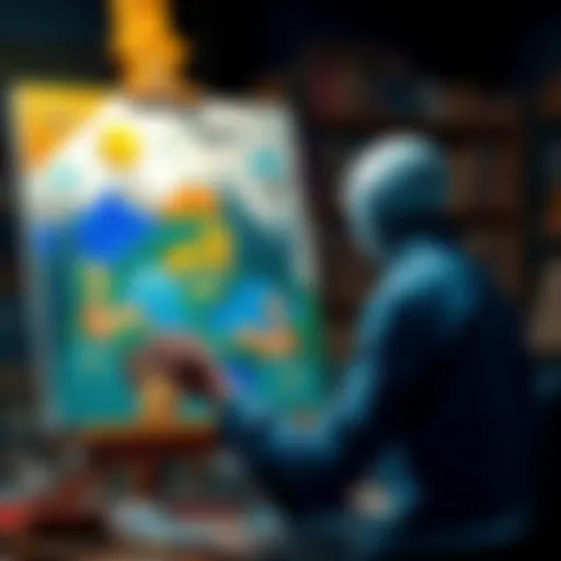 An artist paints on a canvas using traditional tools while a digital tablet sits nearby, symbolizing the blend of traditional and AI art techniques.