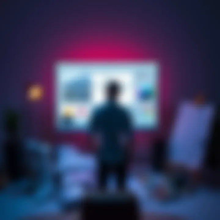 An artist standing in front of a computer screen with AI art software open, surrounded by sketches and paint supplies.