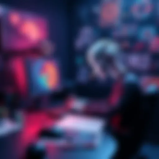 An artist sits at a computer, creating digital artwork with AI software, blending technology with creativity.