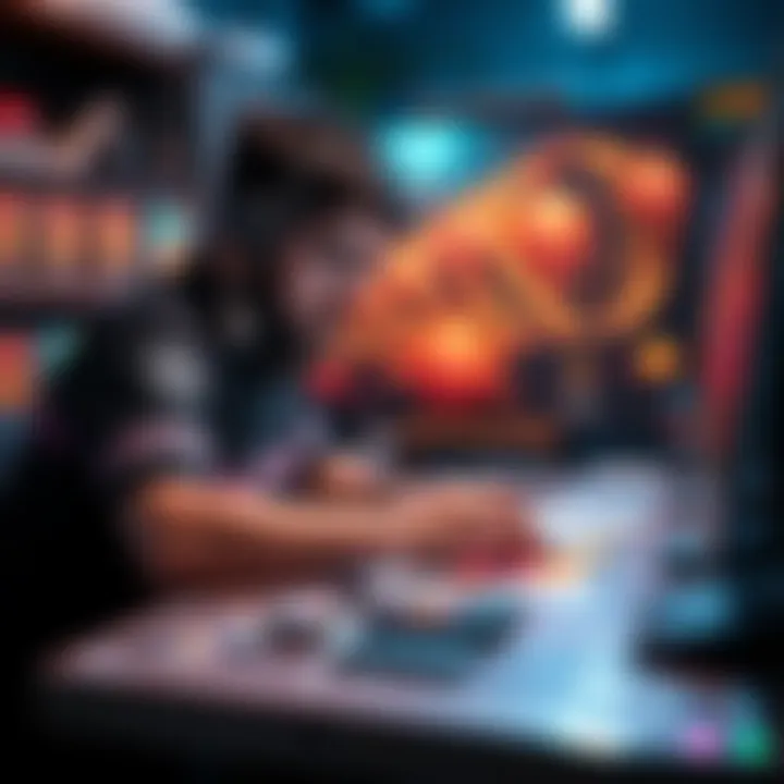 An artist works on a digital canvas with AI tools, blending technology and creativity in game design.