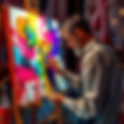 A traditional artist blends painting with digital tools, showcasing a canvas with vibrant colors and AI-generated elements.