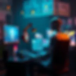 An artist sitting at a computer, creating digital art with AI software, showcasing a mix of traditional and modern techniques.