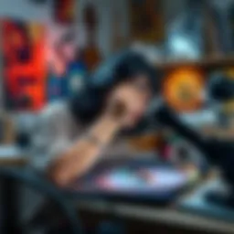 An artist works with AI technology on a digital tablet, blending traditional and modern techniques in their studio.