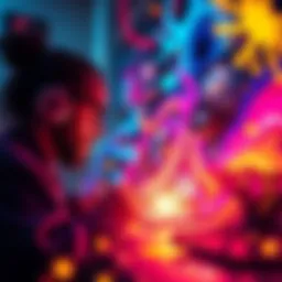 Artist using AI tools An artist collaborates with AI tools to create vibrant artwork, showcasing a blend of technology and creativity.