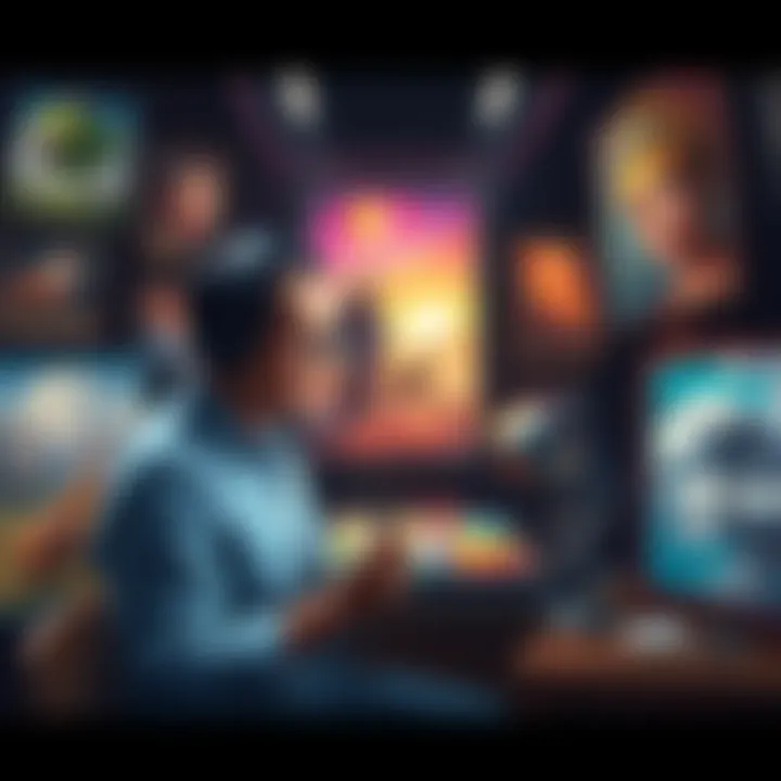 A person creating art on a digital tablet, surrounded by traditional and AI-generated artworks.