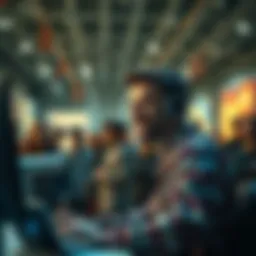 An artist happily working with AI technology while a group of negative critics looks on disapprovingly.